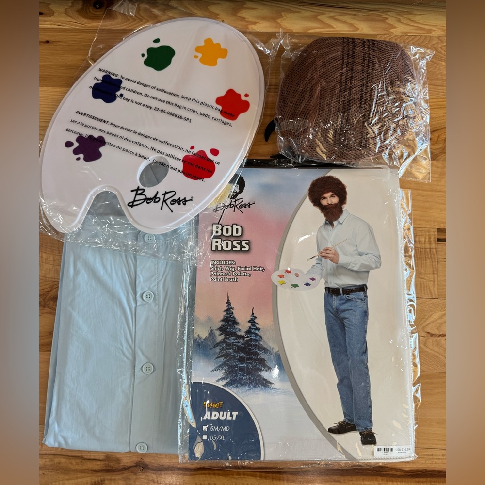 Adult Small / Medium Bob Ross Costume Set with Wig and Palette NWT